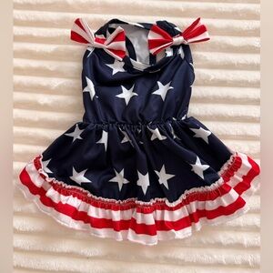 Patriotic Star & Stripe Dog Girl's Dress with Bows